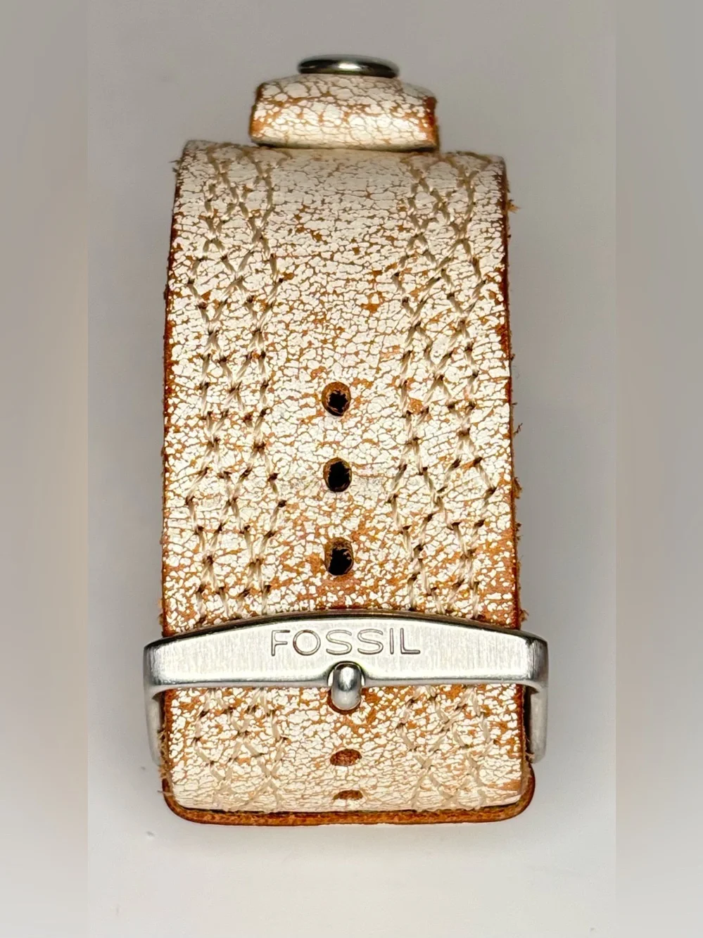 Fossil White Crackle Leather Cuff Bracelet Wide Distressed Buckle Adjustable